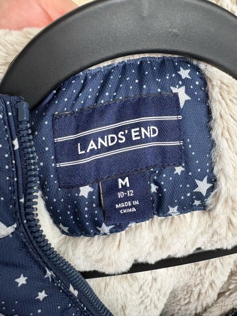 Lands' End Navy Star-Print Girls' Puffer Coat with Faux-Fur Hood - Picture 2 of 5